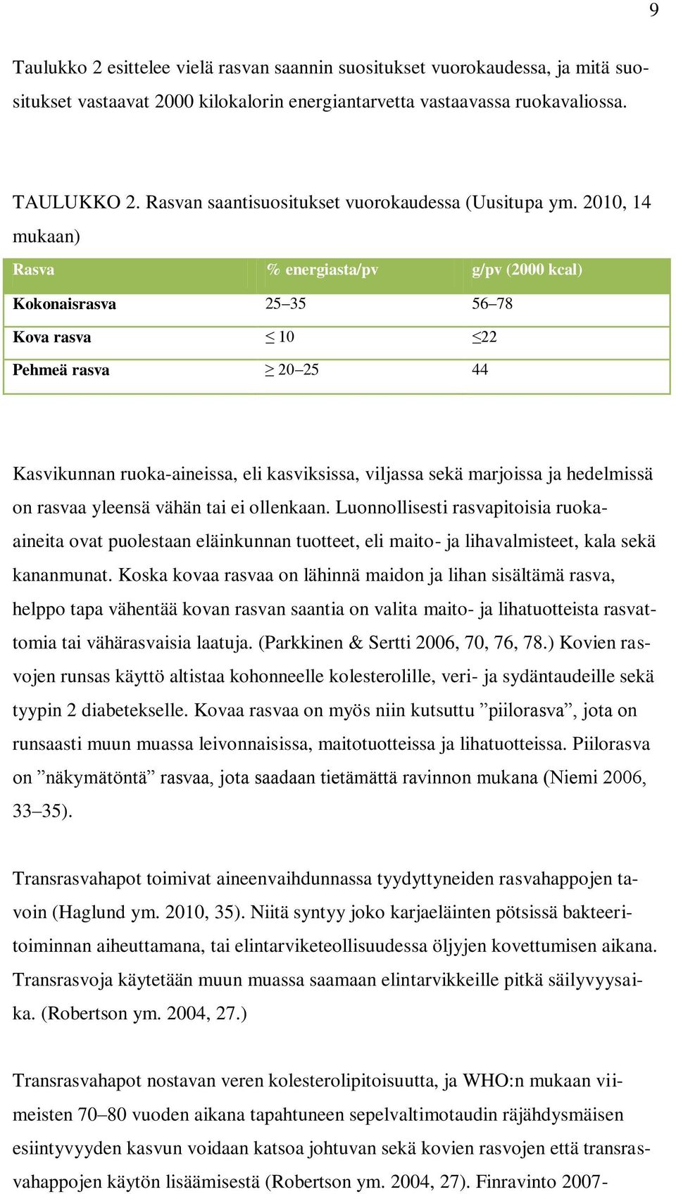 2010, 14 mukaan) Rasva % energiasta/pv g/pv (2000 kcal) Kokonaisrasva 25 35 56 78 Kova rasva 10 22 Pehmeä rasva 20 25 44 Kasvikunnan ruoka-aineissa, eli kasviksissa, viljassa sekä marjoissa ja