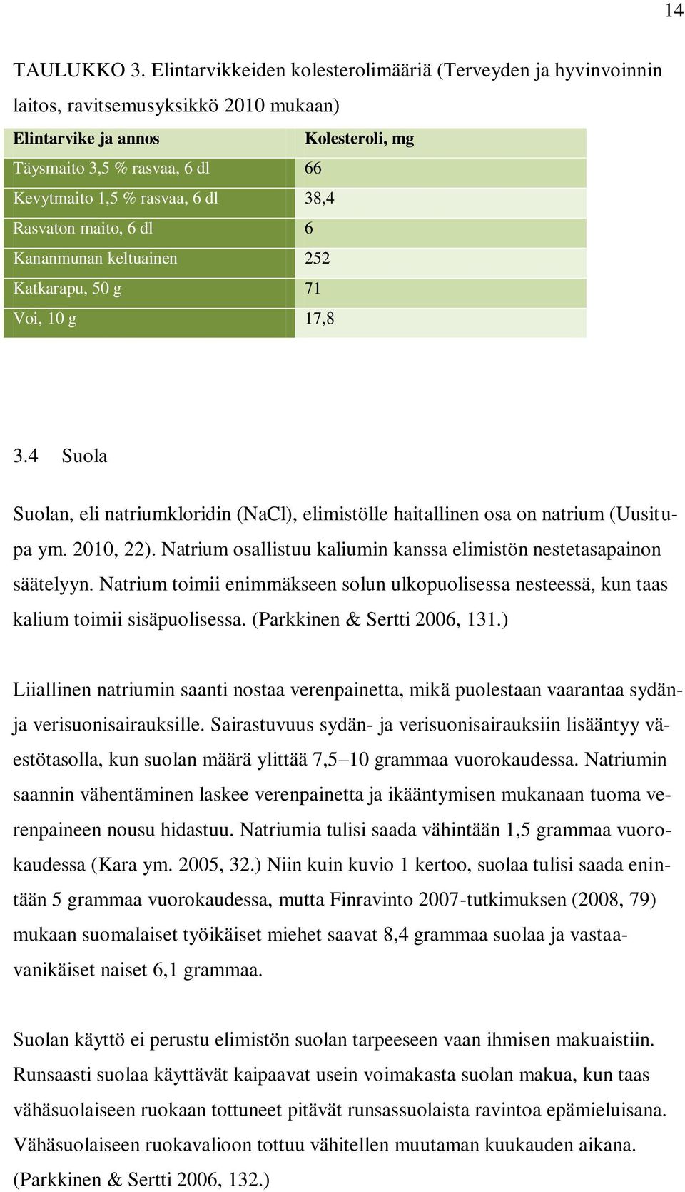 38,4 Rasvaton maito, 6 dl 6 Kananmunan keltuainen 252 Katkarapu, 50 g 71 Voi, 10 g 17,8 3.4 Suola Suolan, eli natriumkloridin (NaCl), elimistölle haitallinen osa on natrium (Uusitupa ym. 2010, 22).