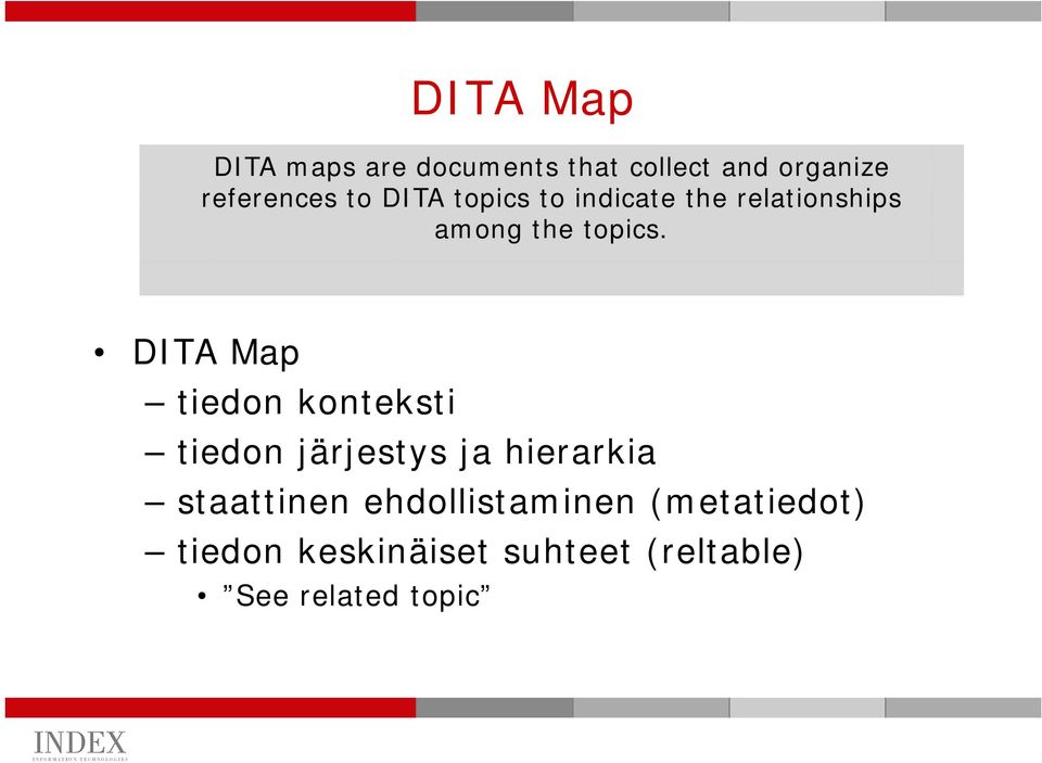 DITA Map tiedon konteksti k ti tiedon järjestys ja hierarkia staattinen
