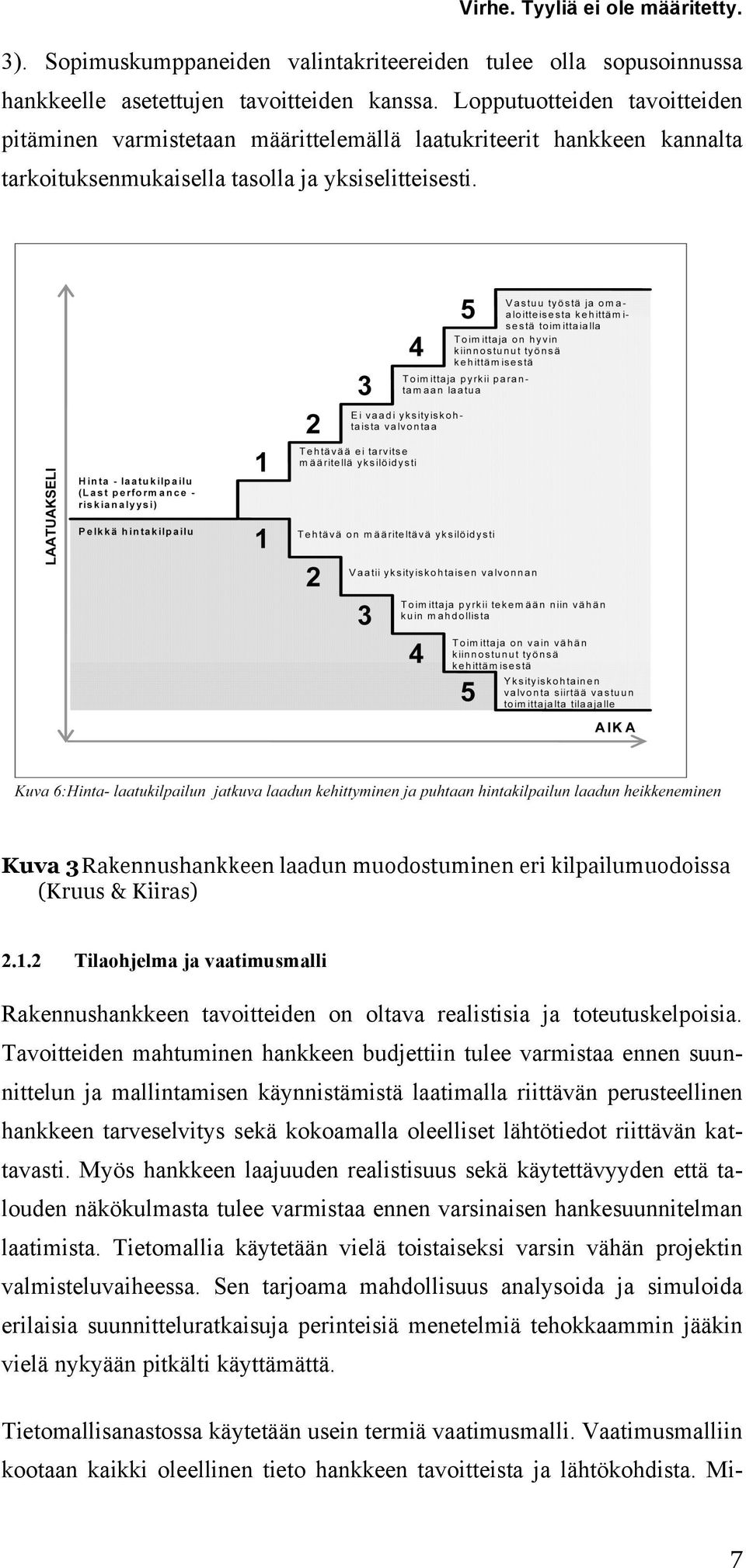 Kuva 3 Rakennushankkeen laadun muodostuminen eri kilpailumuodoissa (Kruus & Kiiras) 2.1.2 Tilaohjelma ja vaatimusmalli Rakennushankkeen tavoitteiden on oltava realistisia ja toteutuskelpoisia.