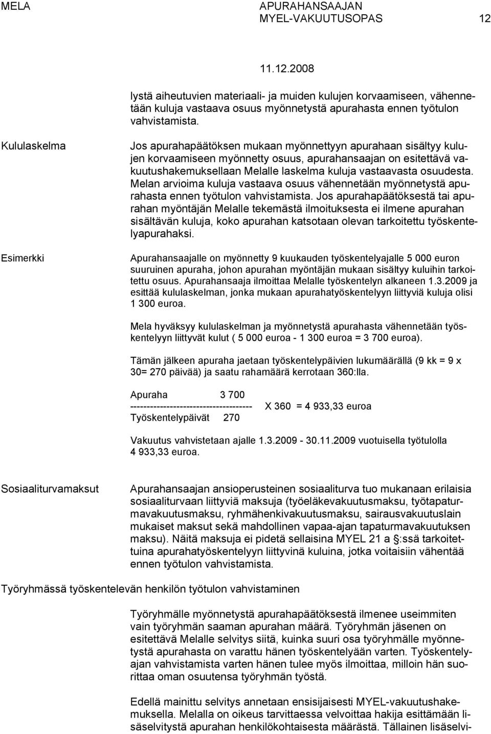 vastaavasta osuudesta. Melan arvioima kuluja vastaava osuus vähennetään myönnetystä apurahasta ennen työtulon vahvistamista.