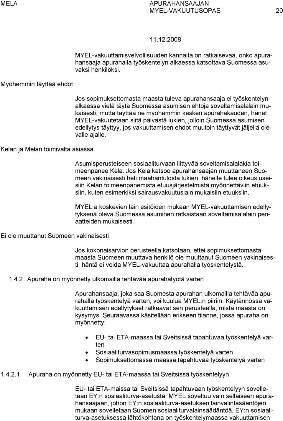 asumisen ehtoja soveltamisalalain mukaisesti, mutta täyttää ne myöhemmin kesken apurahakauden, hänet MYEL-vakuutetaan siitä päivästä lukien, jolloin Suomessa asumisen edellytys täyttyy, jos