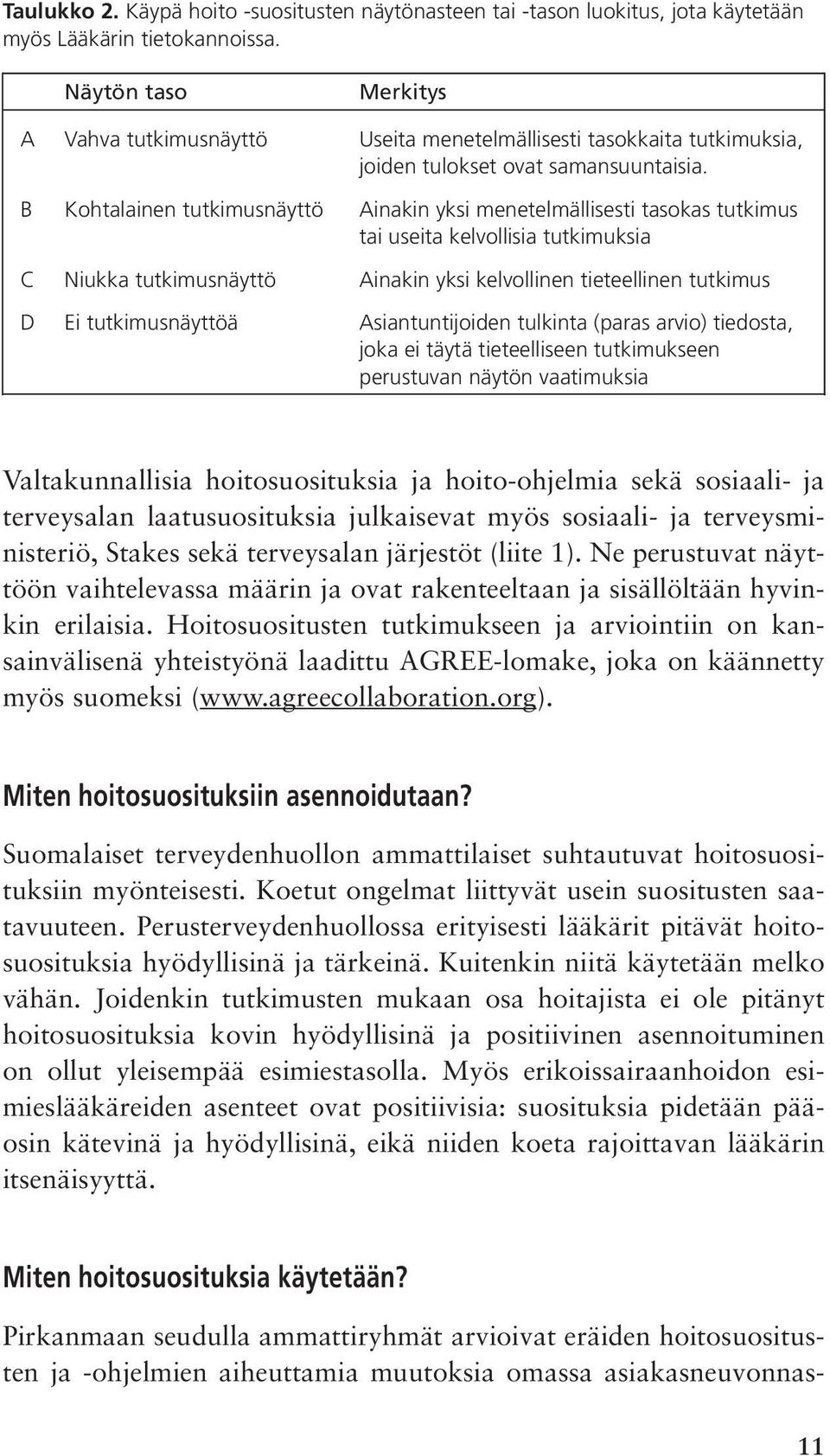 B Kohtalainen tutkimusnäyttö Ainakin yksi menetelmällisesti tasokas tutkimus tai useita kelvollisia tutkimuksia C Niukka tutkimusnäyttö Ainakin yksi kelvollinen tieteellinen tutkimus D Ei