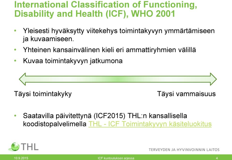 Yhteinen kansainvälinen kieli eri ammattiryhmien välillä Kuvaa toimintakyvyn jatkumona Täysi toimintakyky