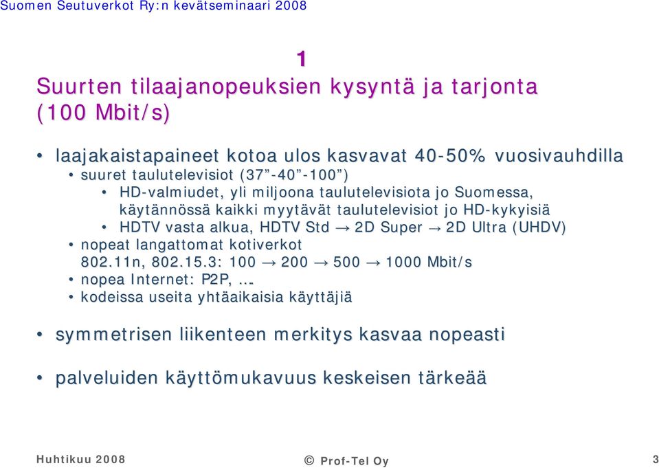 vasta alkua, HDTV Std 2D Super 2D Ultra (UHDV) nopeat langattomat kotiverkot 802.11n, 802.15.3: 100 200 500 1000 Mbit/s nopea Internet: P2P,.