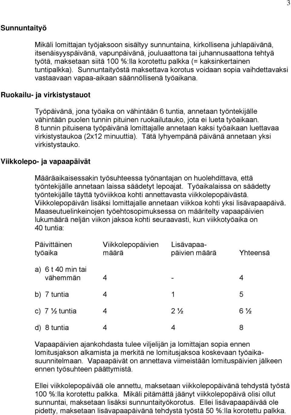 Ruokailu- ja virkistystauot Työpäivänä, jona työaika on vähintään 6 tuntia, annetaan työntekijälle vähintään puolen tunnin pituinen ruokailutauko, jota ei lueta työaikaan.