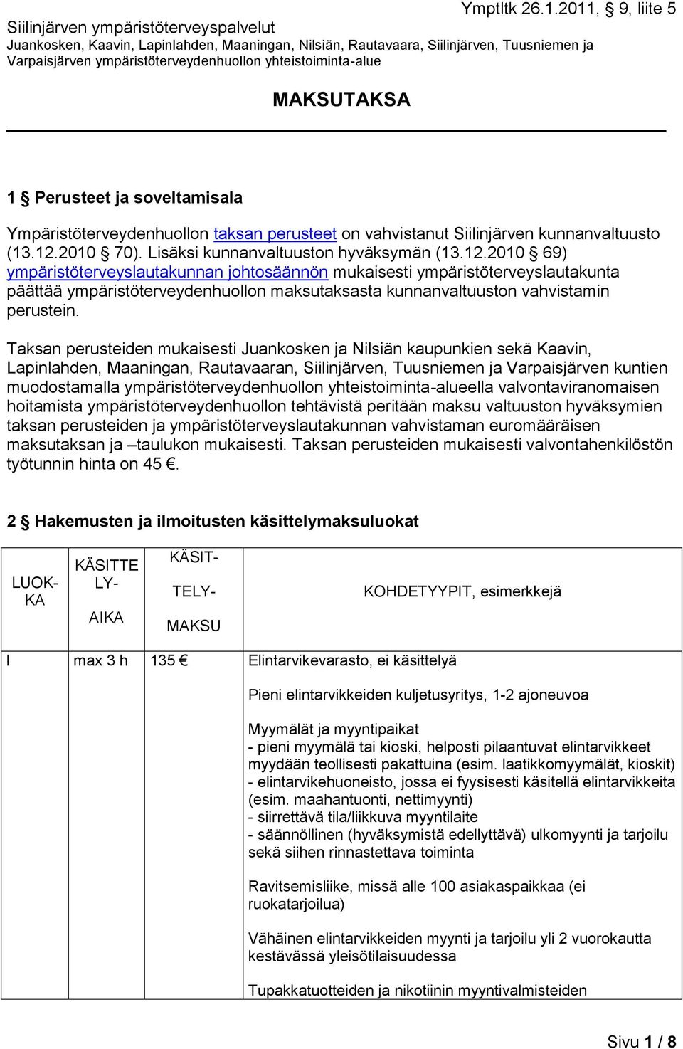 2010 69) ympäristöterveyslautakunnan johtosäännön mukaisesti ympäristöterveyslautakunta päättää ympäristöterveydenhuollon maksutaksasta kunnanvaltuuston vahvistamin perustein.