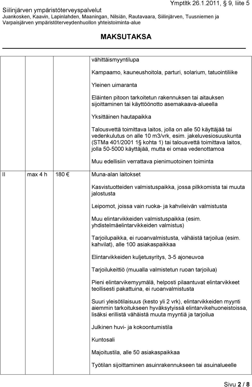 jakeluvesiosuuskunta (STMa 401/2001 1 kohta 1) tai talousvettä toimittava laitos, jolla 50-5000 käyttäjää, mutta ei omaa vedenottamoa Muu edellisiin verrattava pienimuotoinen toiminta