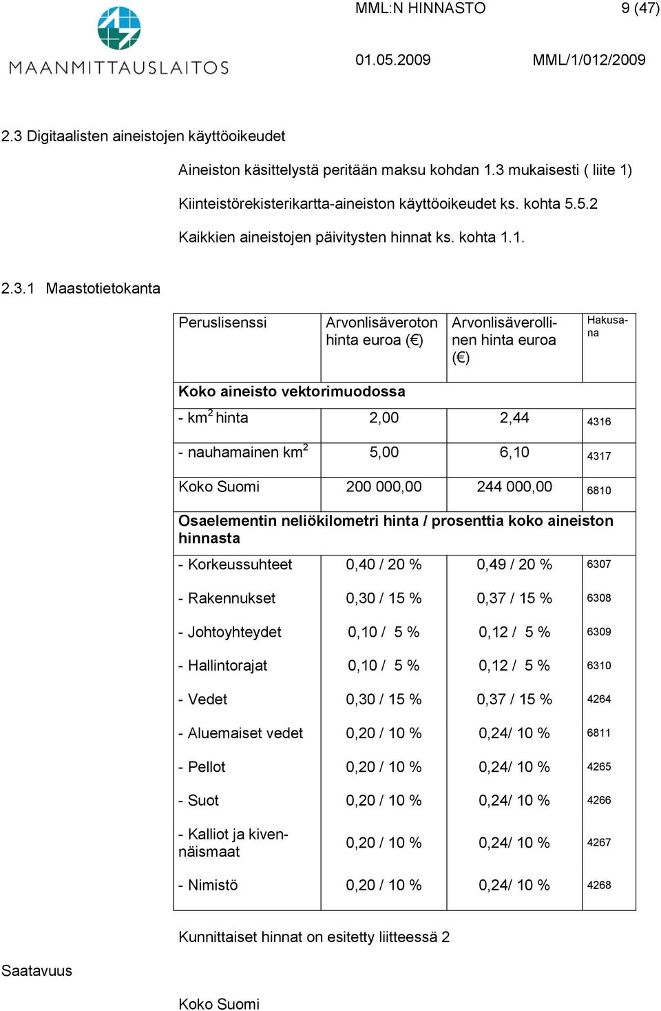 1 Maastotietokanta Peruslisenssi hinta euroa ( ) Koko aineisto vektorimuodossa - km 2 hinta 2,00 2,44 4316 - nauhamainen km 2 5,00 6,10 4317 Koko Suomi 200 000,00 244 000,00 6810 Osaelementin