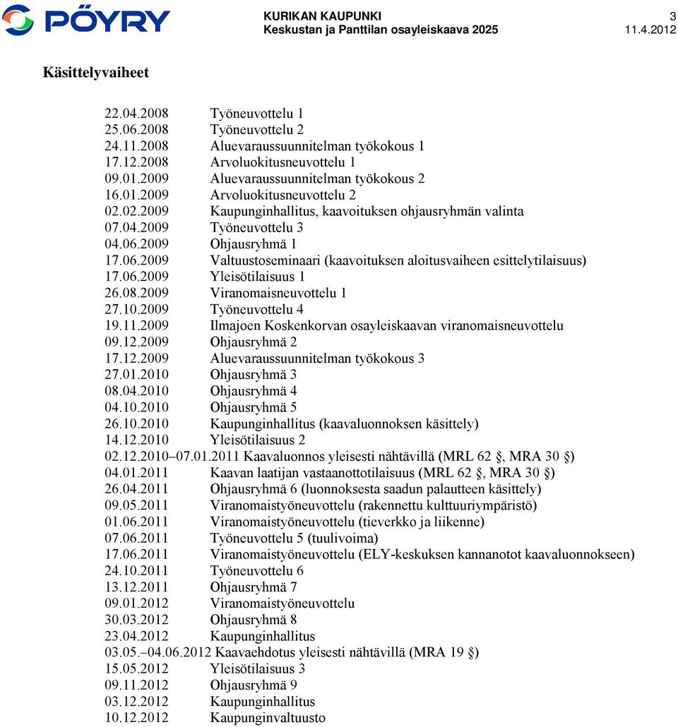 2009 Ohjausryhmä 1 17.06.2009 Valtuustoseminaari (kaavoituksen aloitusvaiheen esittelytilaisuus) 17.06.2009 Yleisötilaisuus 1 26.08.2009 Viranomaisneuvottelu 1 27.10.2009 Työneuvottelu 4 19.11.