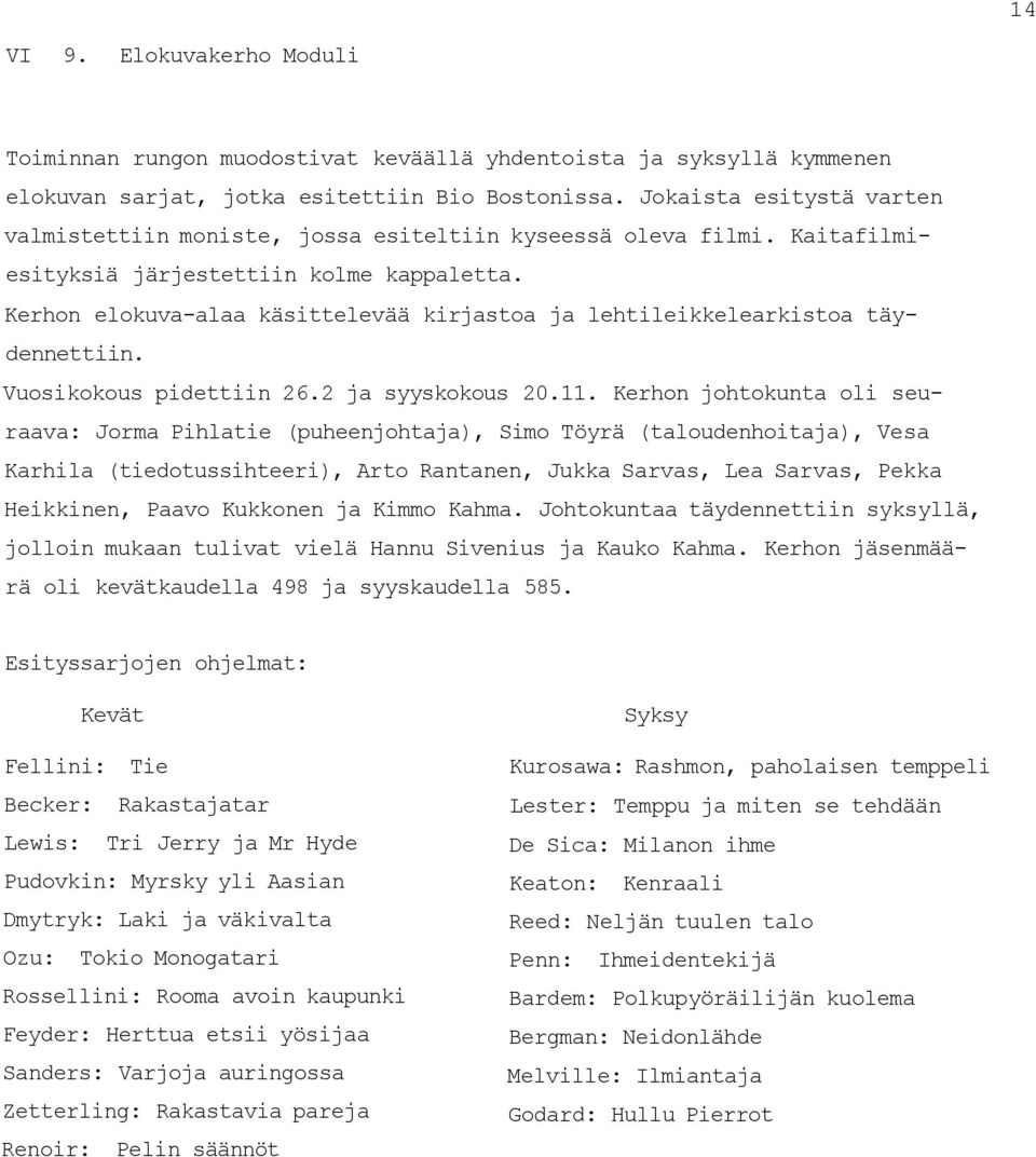 Kerhon elokuva-alaa käsittelevää kirjastoa ja lehtileikkelearkistoa täydennettiin. Vuosikokous pidettiin 26.2 ja syyskokous 20.11.