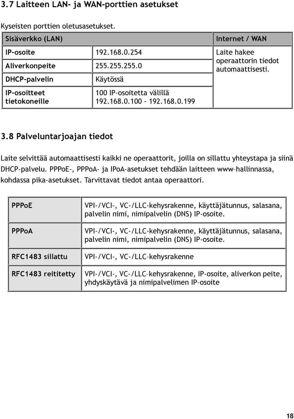 8 Palveluntarjoajan tiedot Laite selvittää automaattisesti kaikki ne operaattorit, joilla on sillattu yhteystapa ja siinä DHCP-palvelu.