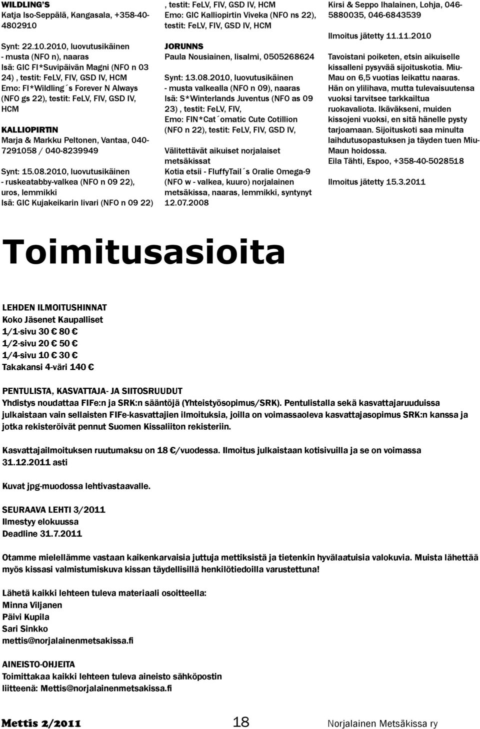 2010, luovutusikäinen - musta (NFO n), naaras Isä: GIC FI*Suvipäivän Magni (NFO n 03 24), testit: FeLV, FIV, GSD IV, HCM Emo: FI*Wildling s Forever N Always (NFO gs 22), testit: FeLV, FIV, GSD IV,