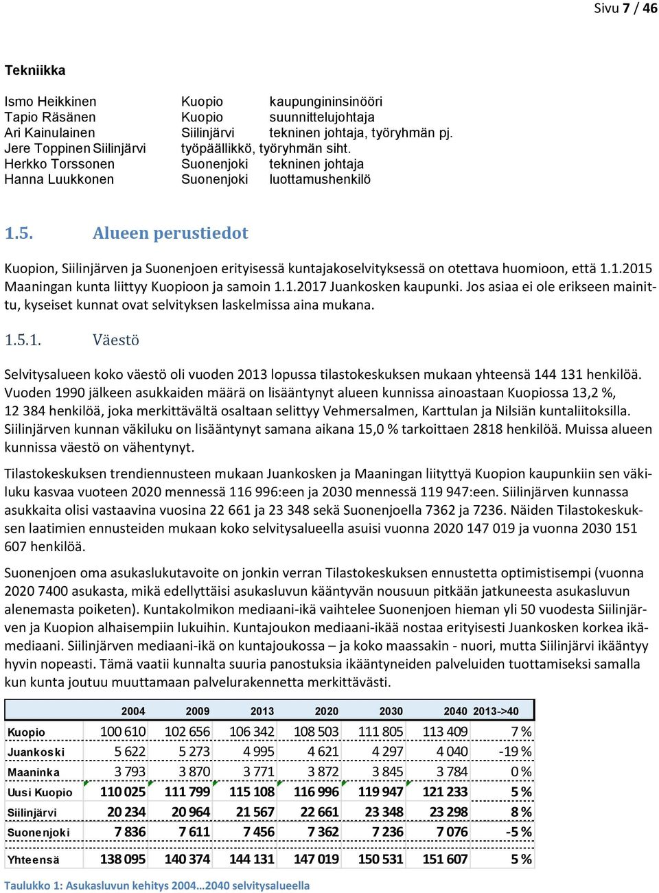 Alueen perustiedot Kuopion, Siilinjärven ja Suonenjoen erityisessä kuntajakoselvityksessä on otettava huomioon, että 1.1.2015 Maaningan kunta liittyy Kuopioon ja samoin 1.1.2017 Juankosken kaupunki.