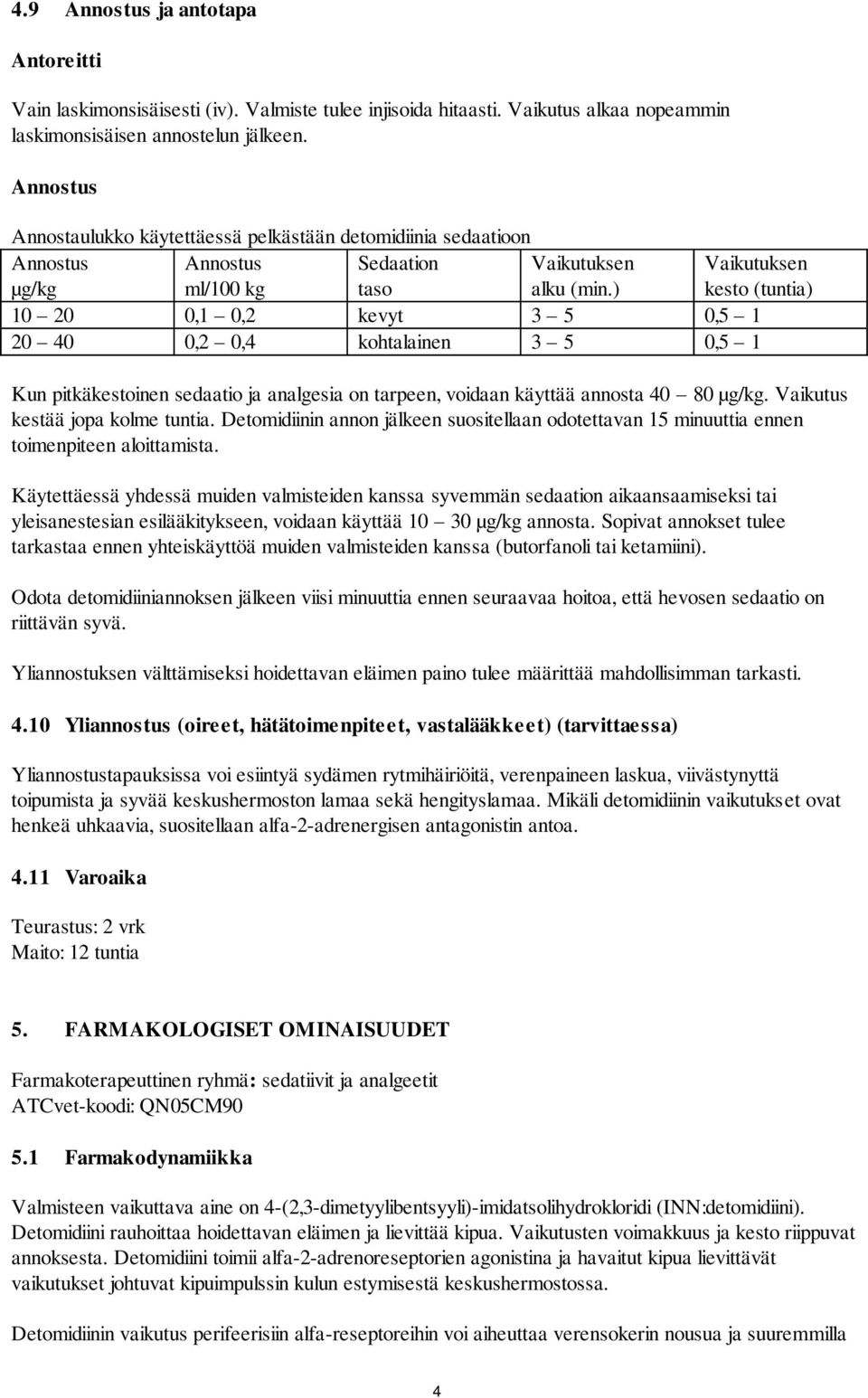 ) Vaikutuksen kesto (tuntia) 10 20 0,1 0,2 kevyt 3 5 0,5 1 20 40 0,2 0,4 kohtalainen 3 5 0,5 1 Kun pitkäkestoinen sedaatio ja analgesia on tarpeen, voidaan käyttää annosta 40 80 µg/kg.