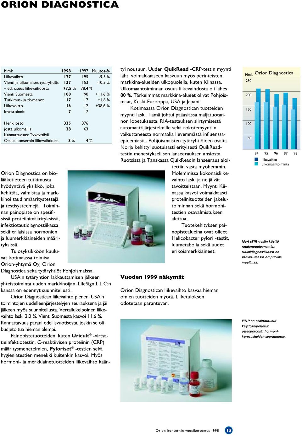 Kannattavuus: Tyydyttävä Osuus konsernin liikevaihdosta 3 % 4 % Orion Diagnostica on biolääketieteen tutkimusta hyödyntävä yksikkö, joka kehittää, valmistaa ja markkinoi taudinmääritystestejä ja