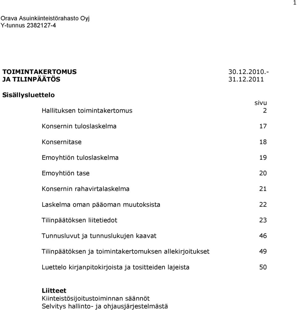 2011 Sisällysluettelo sivu Hallituksen toimintakertomus 2 Konsernin tuloslaskelma 17 Konsernitase 18 Emoyhtiön tuloslaskelma 19