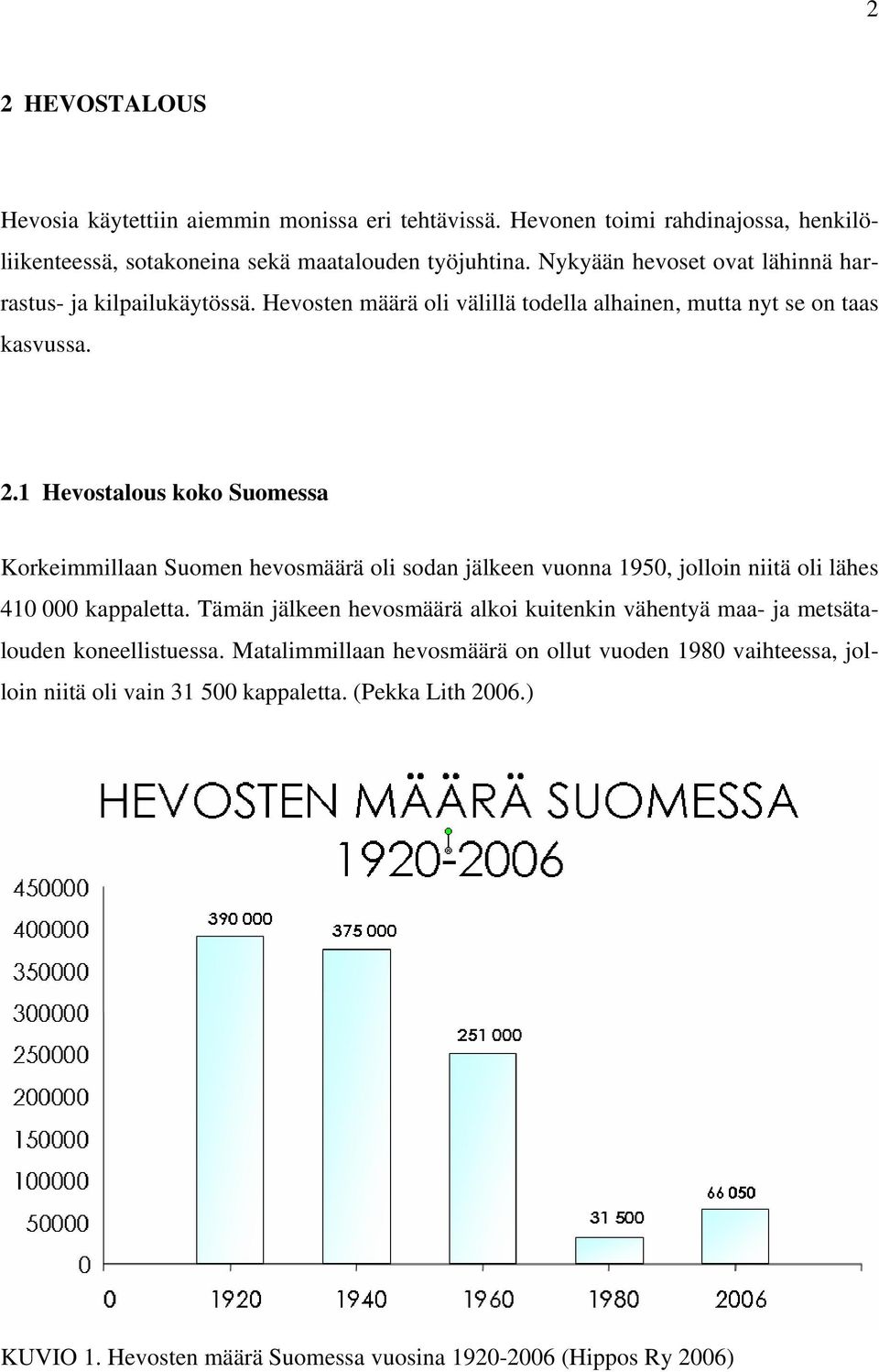 1 Hevostalous koko Suomessa Korkeimmillaan Suomen hevosmäärä oli sodan jälkeen vuonna 1950, jolloin niitä oli lähes 410 000 kappaletta.