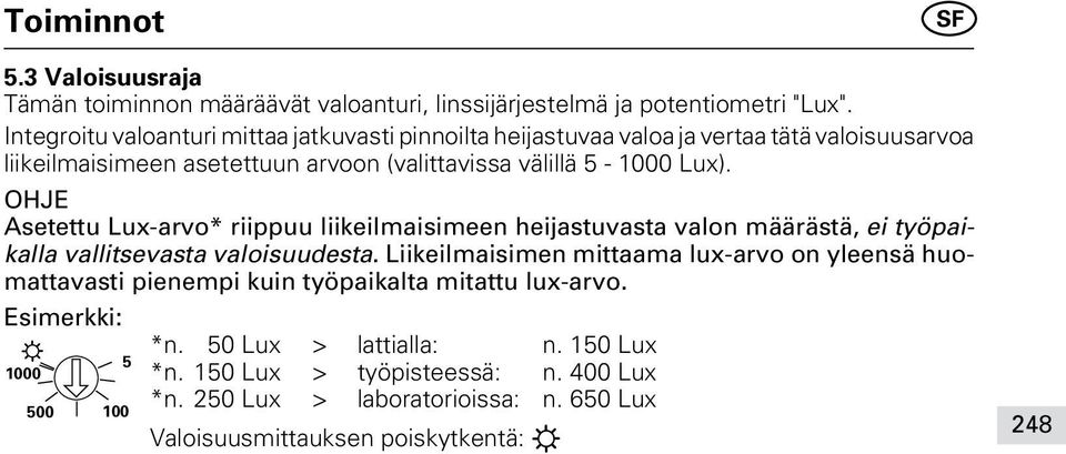 OHJE Asetettu Lux-arvo* riippuu liikeilmaisimeen heijastuvasta valon määrästä, ei työpaikalla vallitsevasta valoisuudesta.