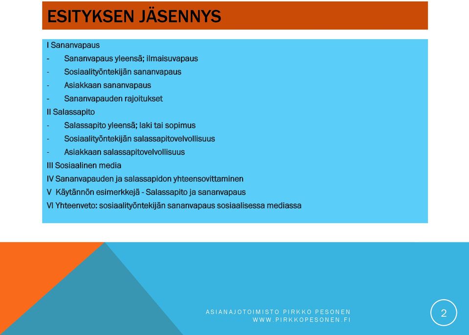 Asiakkaan salassapitovelvollisuus III Sosiaalinen media IV Sananvapauden ja salassapidon yhteensovittaminen V Käytännön esimerkkejä