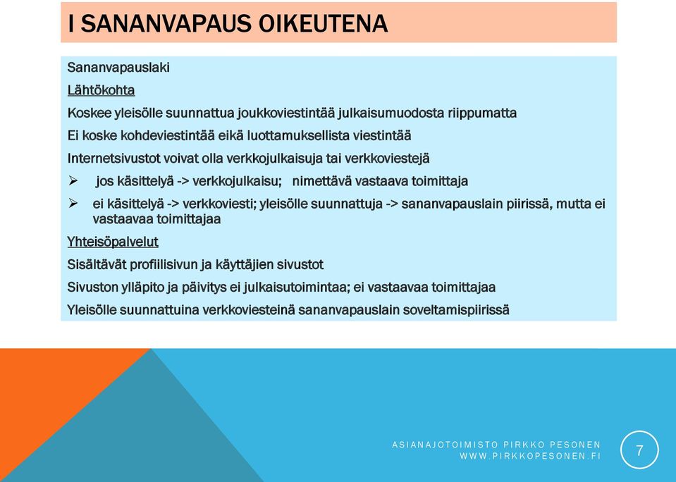 käsittelyä -> verkkoviesti; yleisölle suunnattuja -> sananvapauslain piirissä, mutta ei vastaavaa toimittajaa Yhteisöpalvelut Sisältävät profiilisivun ja käyttäjien