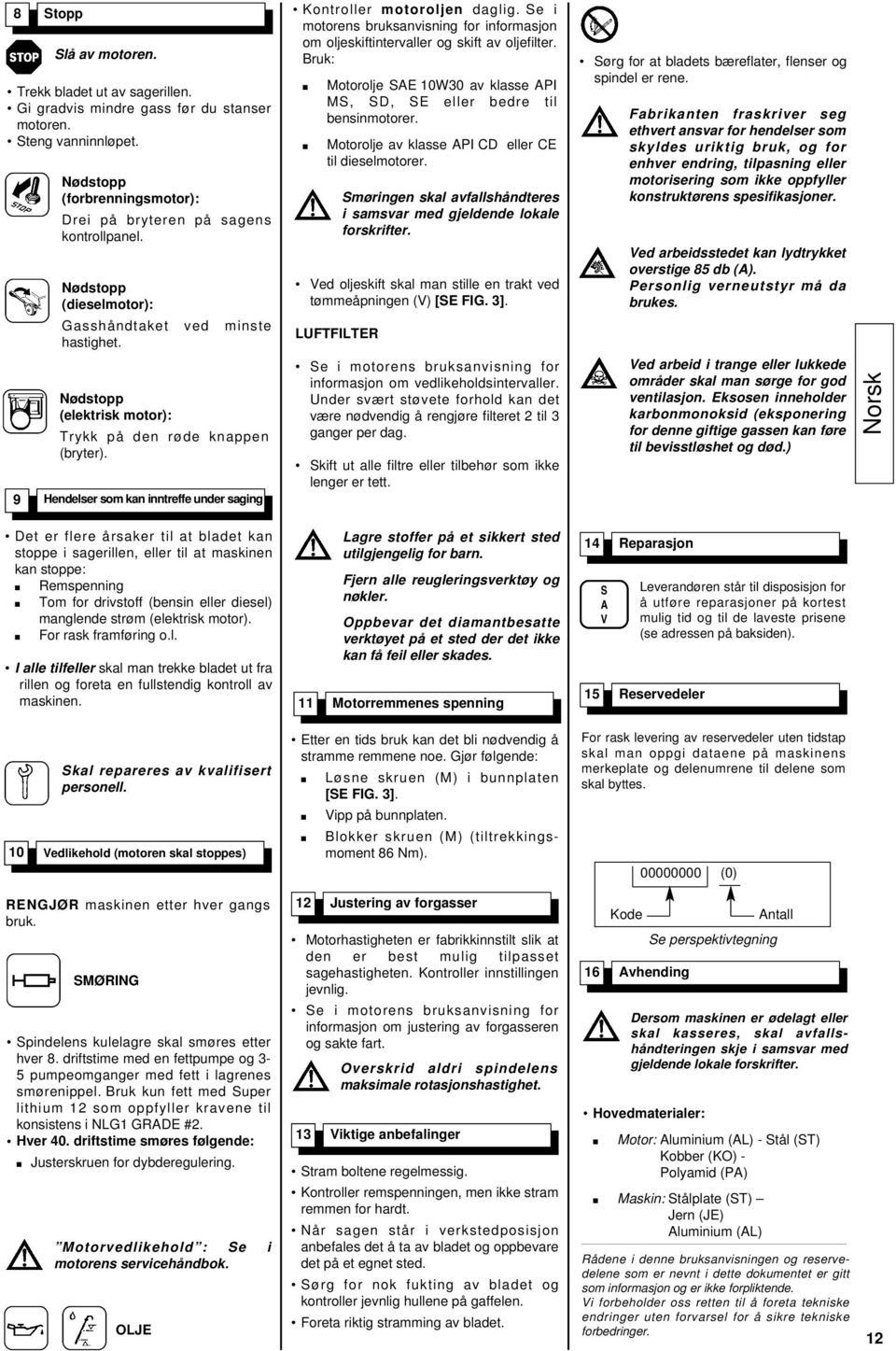 Se i motorens bruksanvisning for informasjon om oljeskiftintervaller og skift av oljefilter. Bruk: Motorolje SAE 10W30 av klasse API MS, SD, SE eller bedre til bensinmotorer.