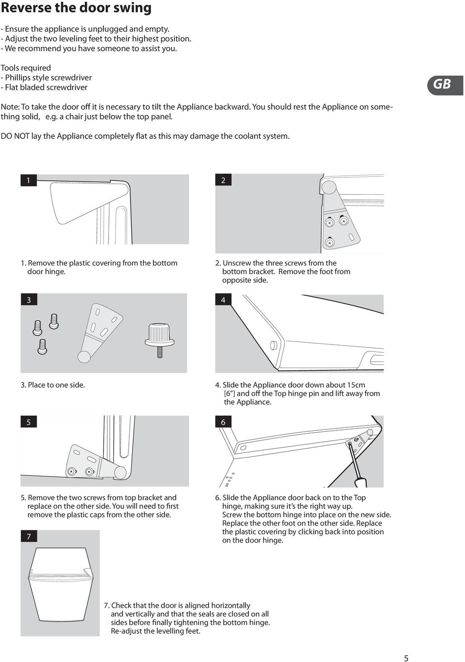 g. a chair just below the top panel. DO NOT lay the Appliance completely flat as this may damage the coolant system. 1 2 1. Remove the plastic covering from the bottom door hinge. 2. Unscrew the three screws from the bottom bracket.