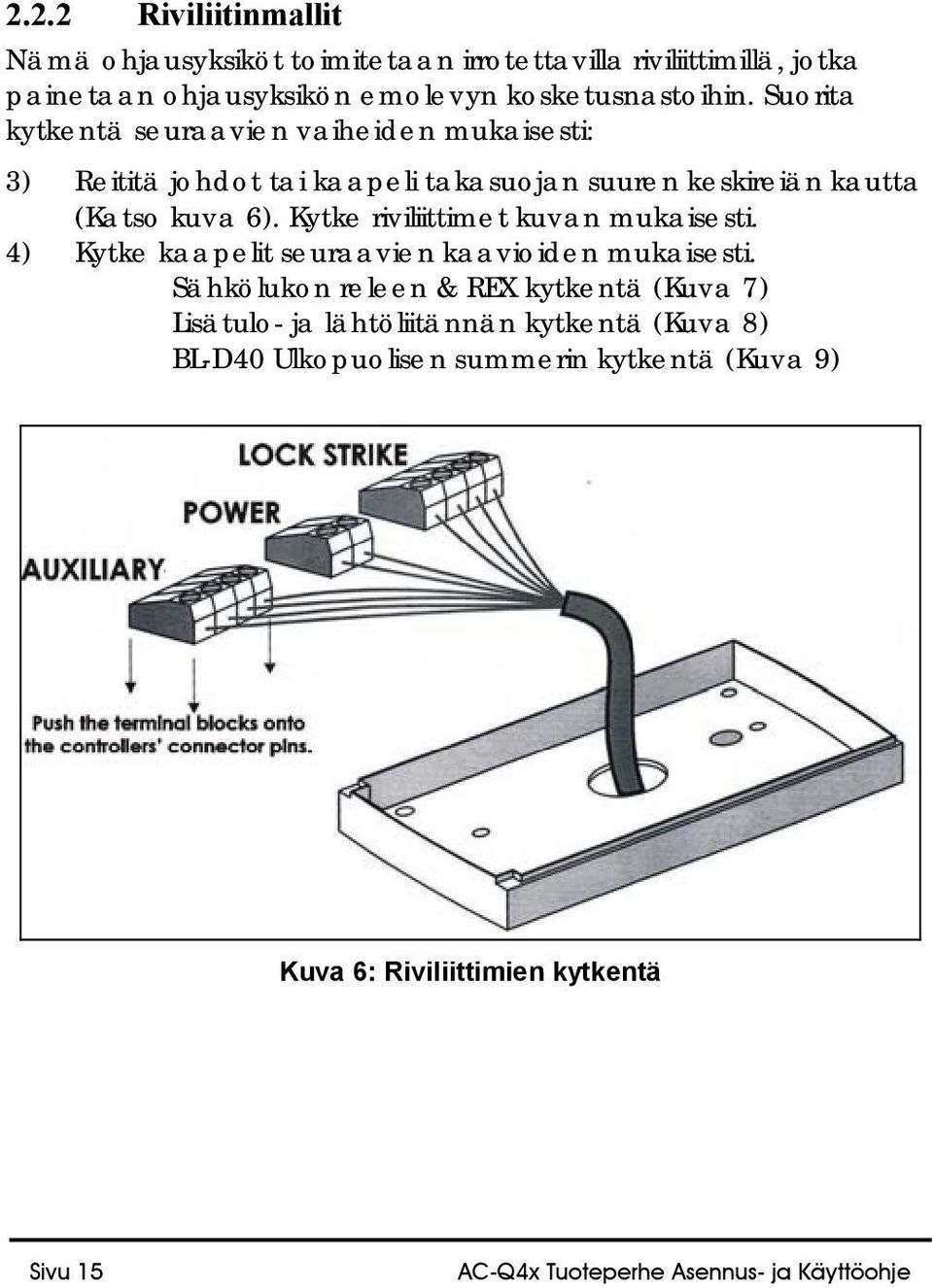 Kytke riviliittimet kuvan mukaisesti. 4) Kytke kaapelit seuraavien kaavioiden mukaisesti.