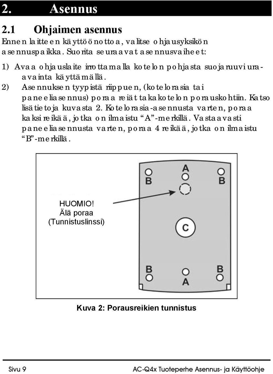 2) Asennuksen tyypistä riippuen, (kotelorasia tai paneeliasennus) poraa reiät takakotelon porauskohtiin. Katso lisätietoja kuvasta 2.