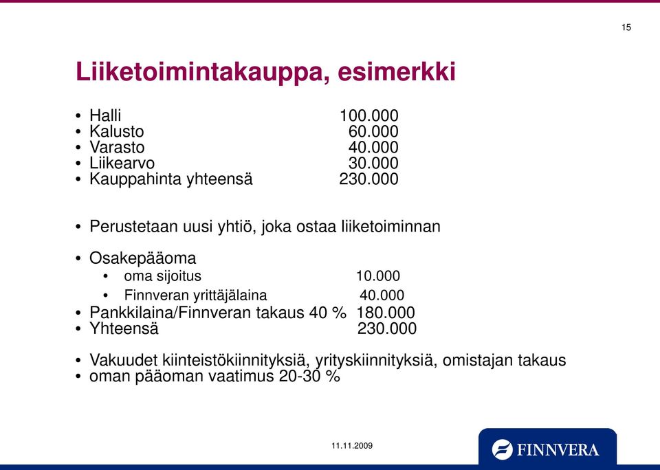 000 Perustetaan uusi yhtiö, joka ostaa liiketoiminnan Osakepääoma oma sijoitus 10.