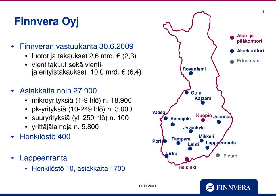 (6,4) Rovaniemi Alue- ja pääkonttori 4 Aluekonttori Edustusto Asiakkaita noin 27 900 mikroyrityksiä (1-9 hlö) n. 18.