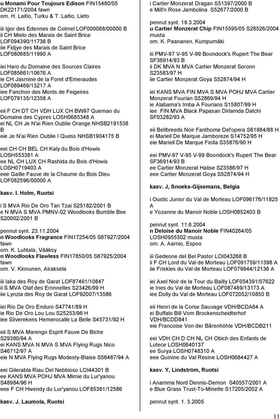 Sources Claires LOF085661/10676 A ie CH Jasmine de la Foret d'emeraudes LOF089469/13217 A iee Fanchon des Monts de Feigeires LOF079135/12358 A eii F CH DT CH VDH LUX CH BW97 Quemao du Domaine des