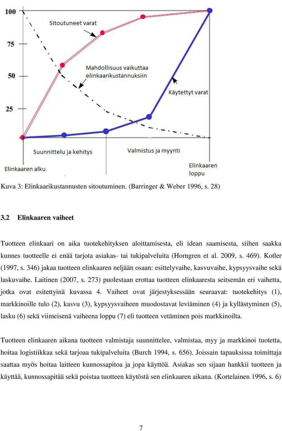 2009, s. 469). Kotler (1997, s. 346) jakaa tuotteen elinkaaren neljään osaan: esittelyvaihe, kasvuvaihe, kypsyysvaihe sekä laskuvaihe. Laitinen (2007, s.