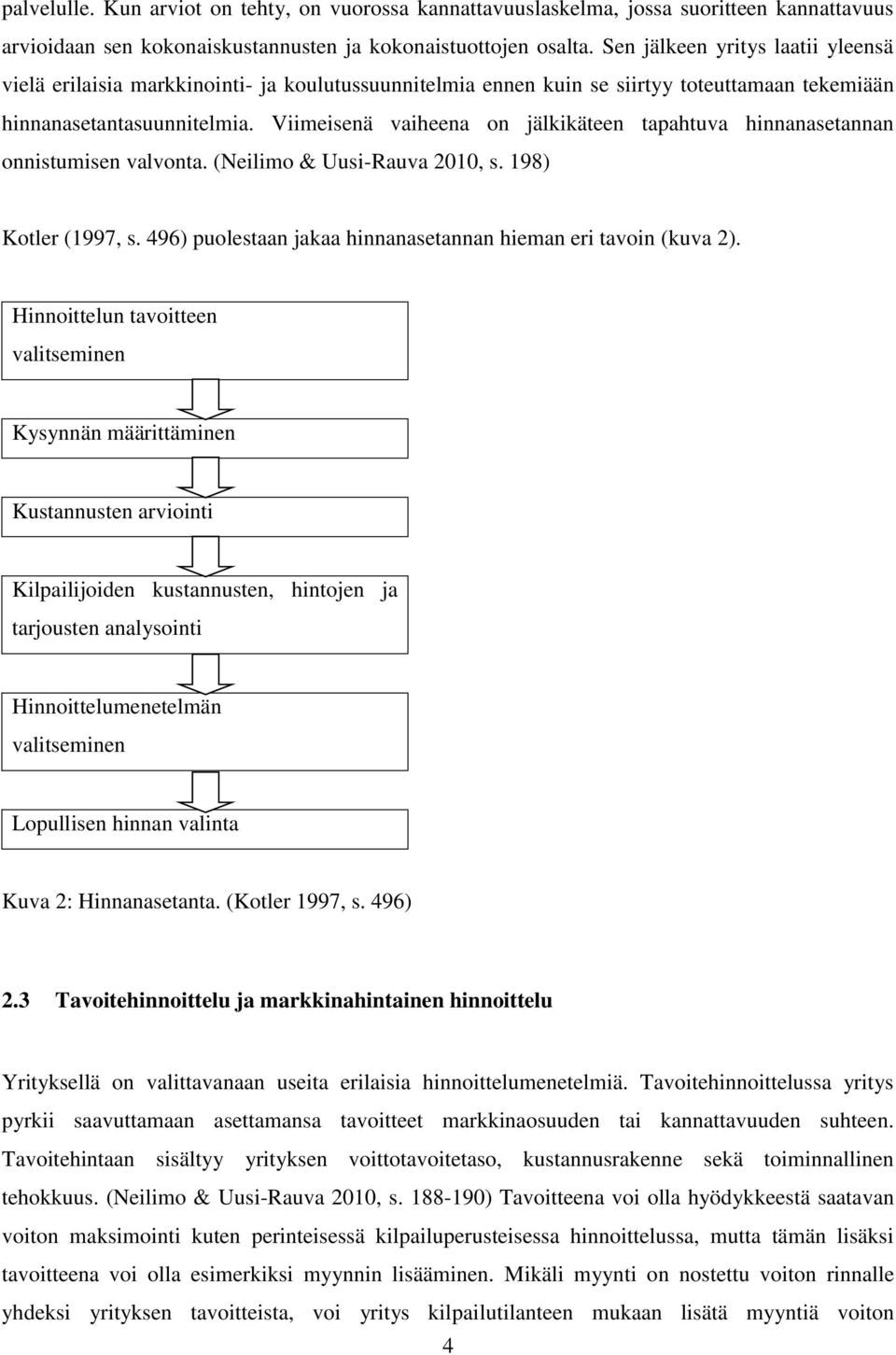 Viimeisenä vaiheena on jälkikäteen tapahtuva hinnanasetannan onnistumisen valvonta. (Neilimo & Uusi-Rauva 2010, s. 198) Kotler (1997, s.