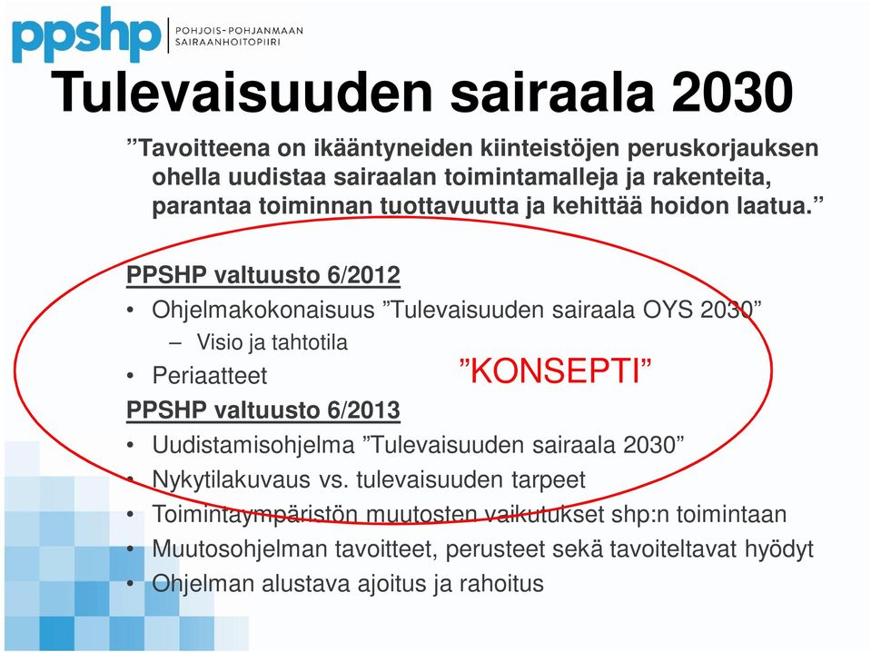 PPSHP valtuusto 6/2012 Ohjelmakokonaisuus Tulevaisuuden sairaala OYS 2030 Visio ja tahtotila Periaatteet PPSHP valtuusto 6/2013 KONSEPTI