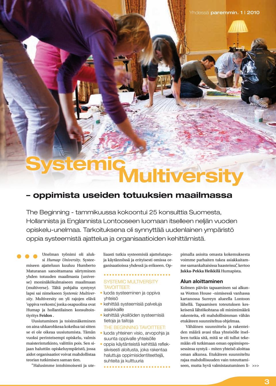 Systemic Multiversity tavoitteet: luoda systeeminen ja oppiva yhteisö kehittää systeemisiä palveluja asiakkaille kehittää yksilöiden systeemisiä tietoja ja taitoja The Beginning tavoitteet: luoda