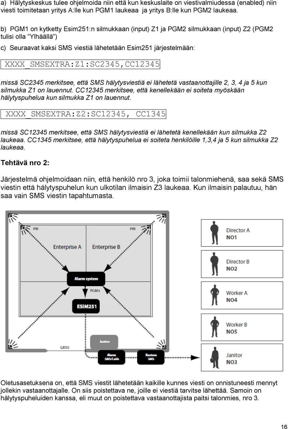 XXXX_SMSEXTRA:Z1:SC2345,CC12345 missä SC2345 merkitsee, että SMS hälytysviestiä ei lähetetä vastaanottajille 2, 3, 4 ja 5 kun silmukka Z1 on lauennut.