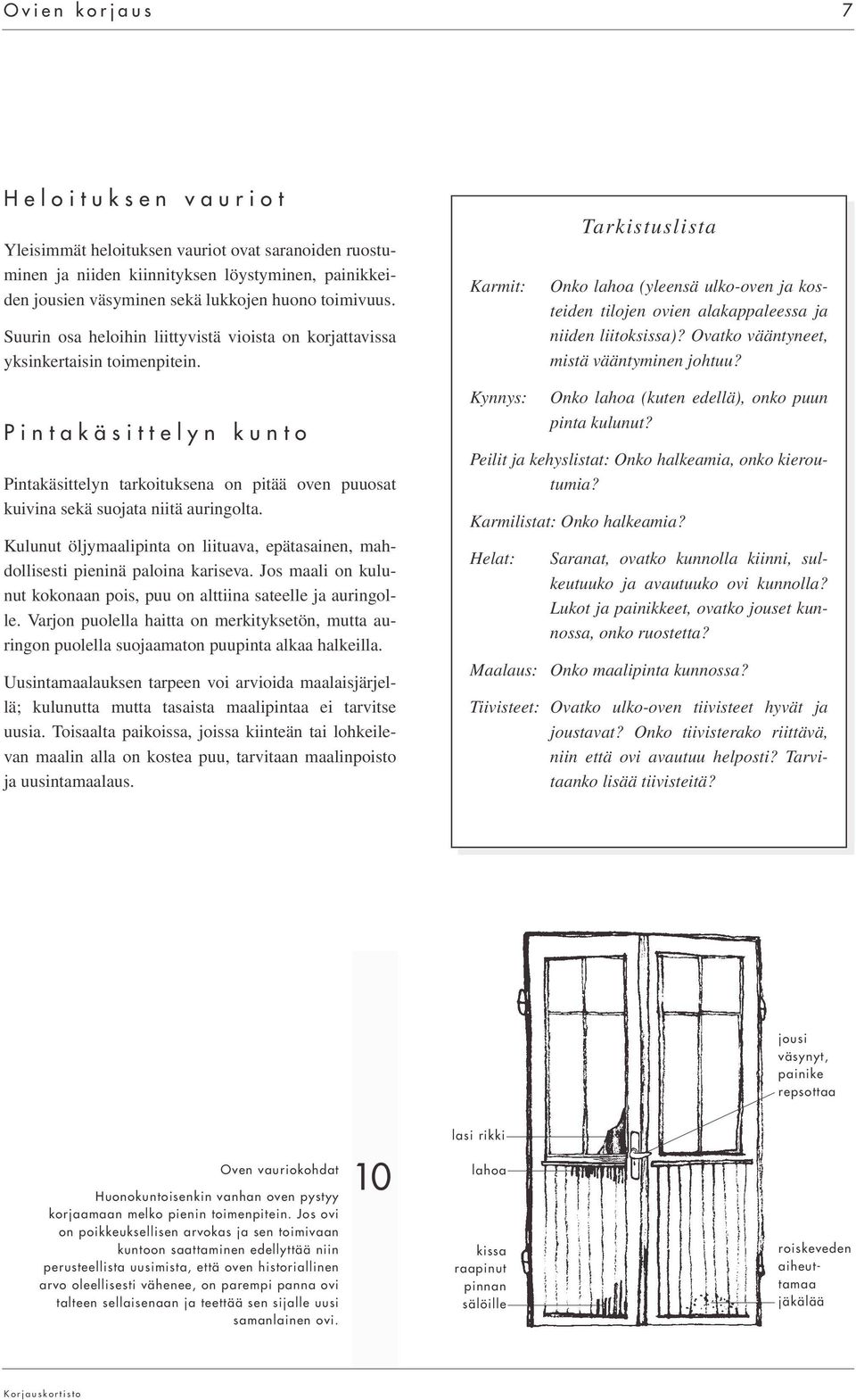 Karmit: Tarkistuslista Onko lahoa (yleensä ulko-oven ja kosteiden tilojen ovien alakappaleessa ja niiden liitoksissa)? Ovatko vääntyneet, mistä vääntyminen johtuu?