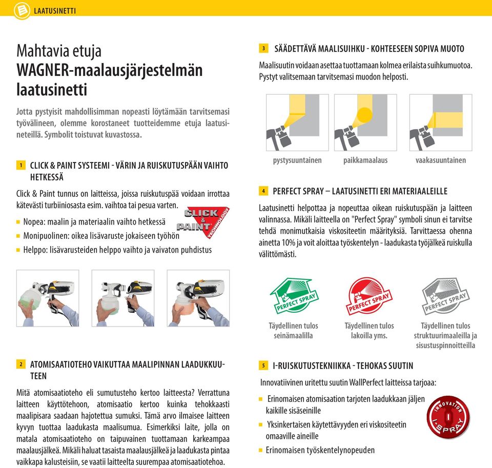 Symbolit toistuvat kuvastossa. 1 CLICK & PAINT SYSTEEMI - VÄRIN JA RUISKUTUSPÄÄN VAIHTO HETKESSÄ Click & Paint tunnus on laitteissa, joissa ruiskutuspää voidaan irrottaa kätevästi turbiiniosasta esim.