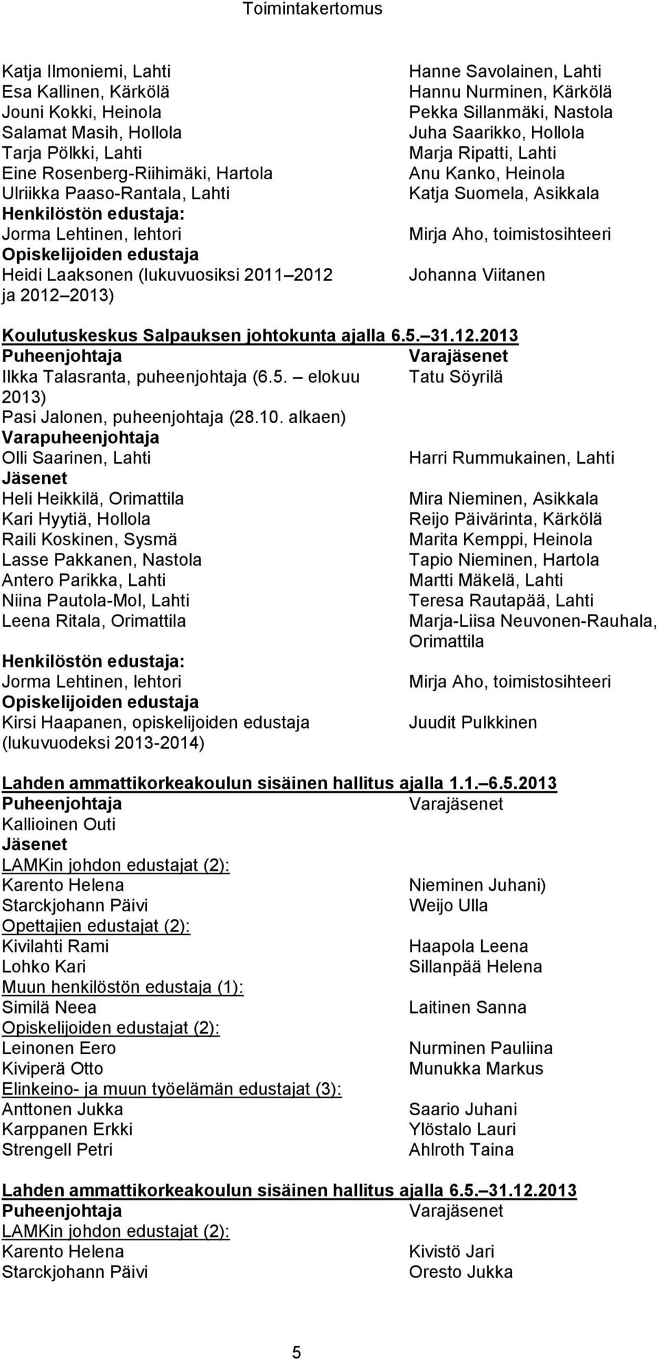 Juha Saarikko, Hollola Marja Ripatti, Lahti Anu Kanko, Heinola Katja Suomela, Asikkala Mirja Aho, toimistosihteeri Johanna Viitanen Koulutuskeskus Salpauksen johtokunta ajalla 6.5. 31.12.