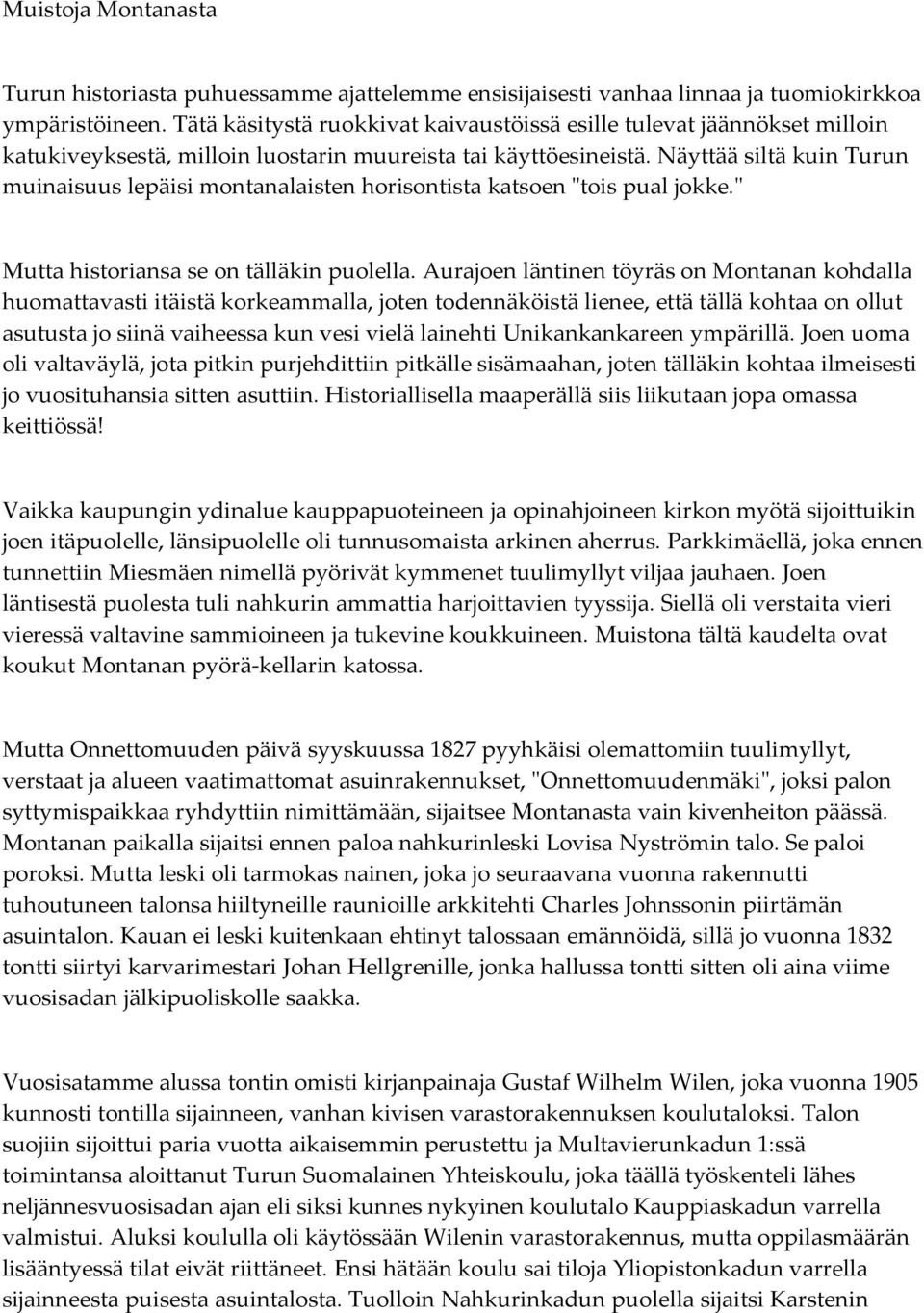 Näyttää siltä kuin Turun muinaisuus lepäisi montanalaisten horisontista katsoen "tois pual jokke." Mutta historiansa se on tälläkin puolella.