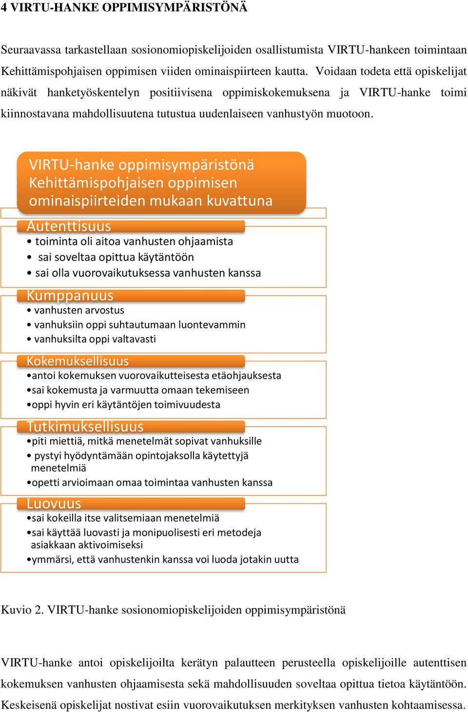 VIRTU-hanke oppimisympäristönä Kehittämispohjaisen oppimisen ominaispiirteiden mukaan kuvattuna Autenttisuus toiminta oli aitoa vanhusten ohjaamista sai soveltaa opittua käytäntöön sai olla