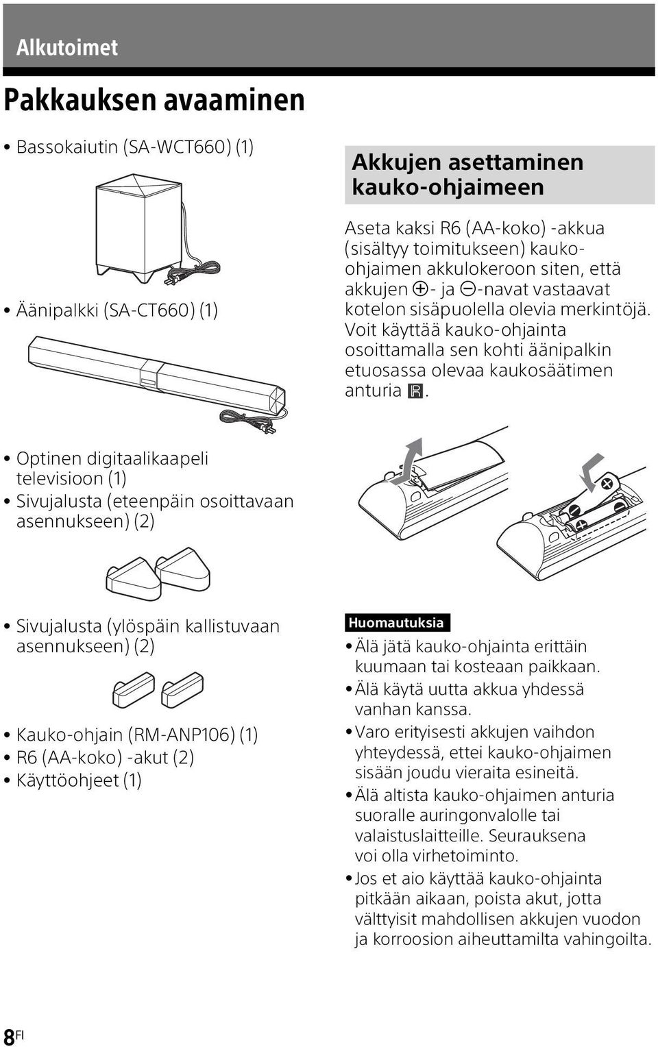 Optinen digitaalikaapeli televisioon (1) Sivujalusta (eteenpäin osoittavaan asennukseen) (2) Sivujalusta (ylöspäin kallistuvaan asennukseen) (2) Kauko-ohjain (RM-ANP106) (1) R6 (AA-koko) -akut (2)