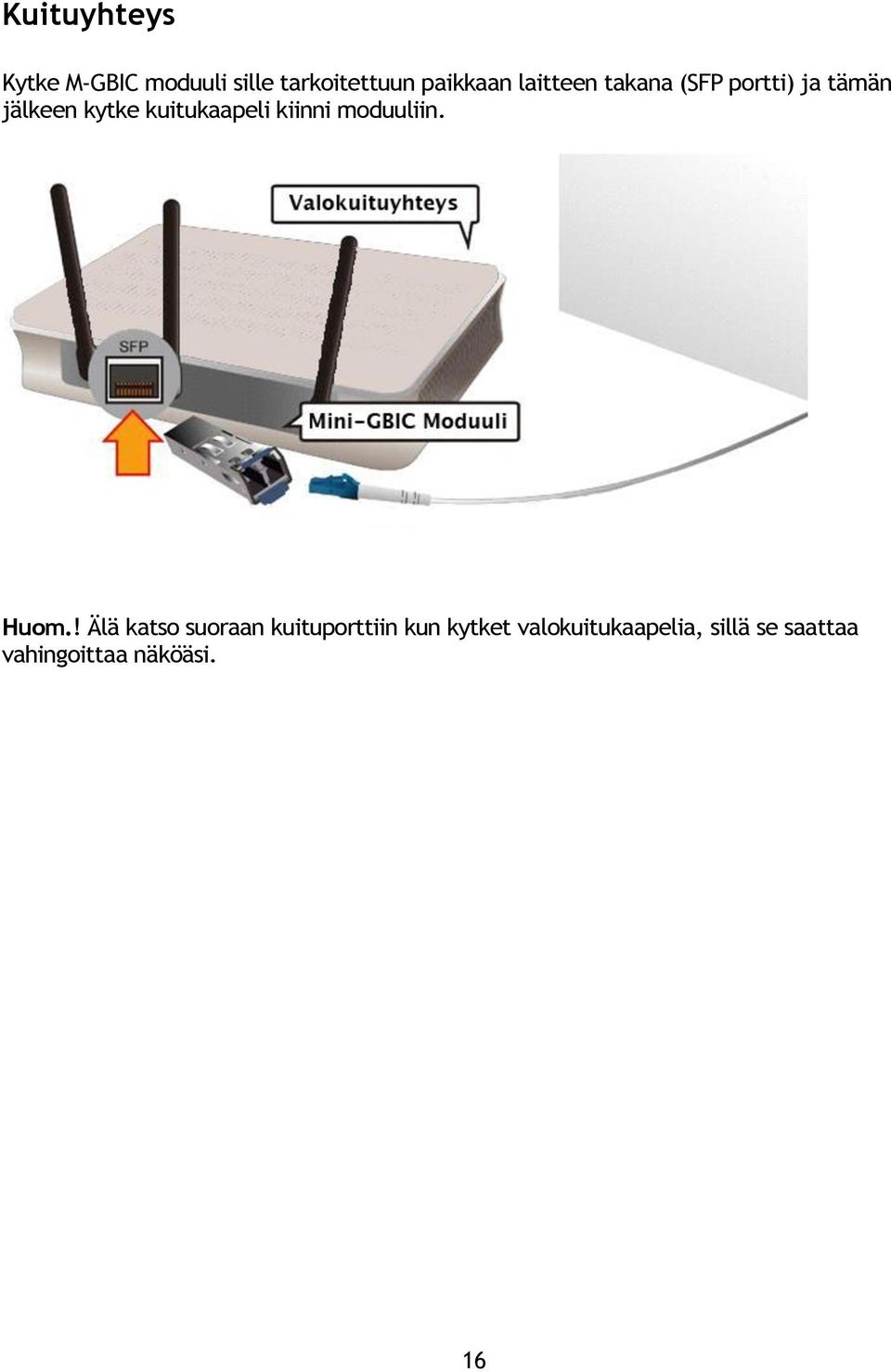 kuitukaapeli kiinni moduuliin. Huom.