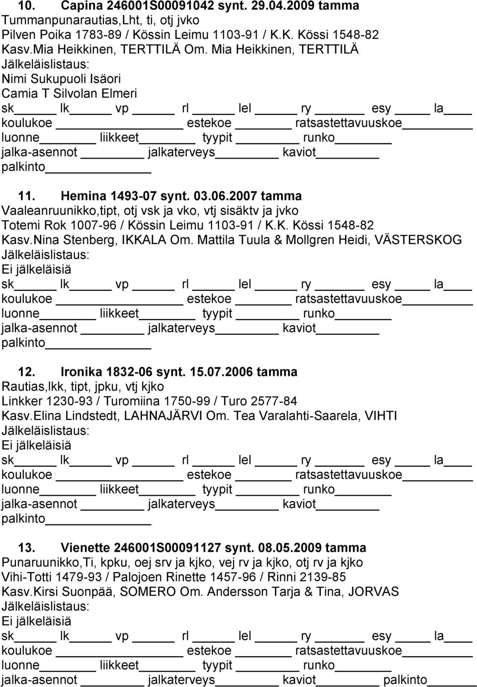 2007 tamma Vaaleanruunikko,tipt, otj vsk ja vko, vtj sisäktv ja jvko Totemi Rok 1007-96 / Kössin Leimu 1103-91 / K.K. Kössi 1548-82 Kasv.Nina Stenberg, IKKALA Om.