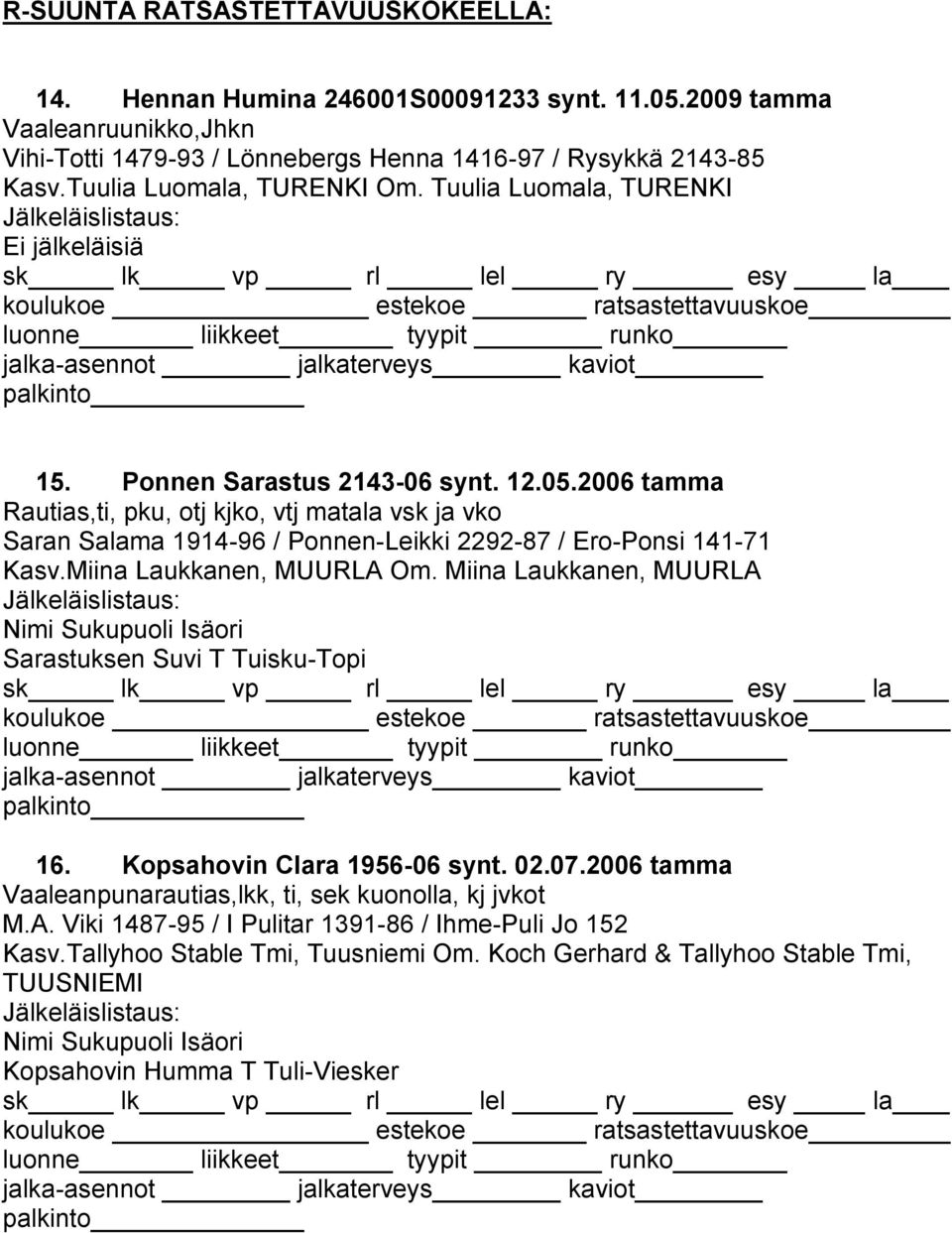 2006 tamma Rautias,ti, pku, otj kjko, vtj matala vsk ja vko Saran Salama 1914-96 / Ponnen-Leikki 2292-87 / Ero-Ponsi 141-71 Kasv.Miina Laukkanen, MUURLA Om.