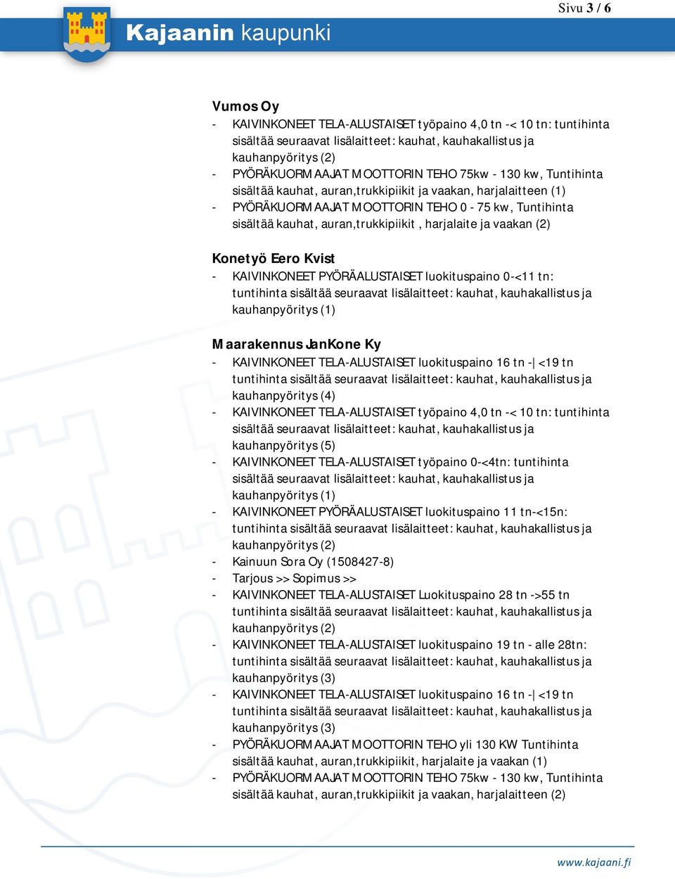 luokituspaino 11 tn-<15n: - Kainuun Sora Oy (1508427-8) - Tarjous >> Sopimus >> - KAIVINKONEET TELA-ALUSTAISET Luokituspaino 28 tn ->55 tn - PYÖRÄKUORMAAJAT MOOTTORIN TEHO yli