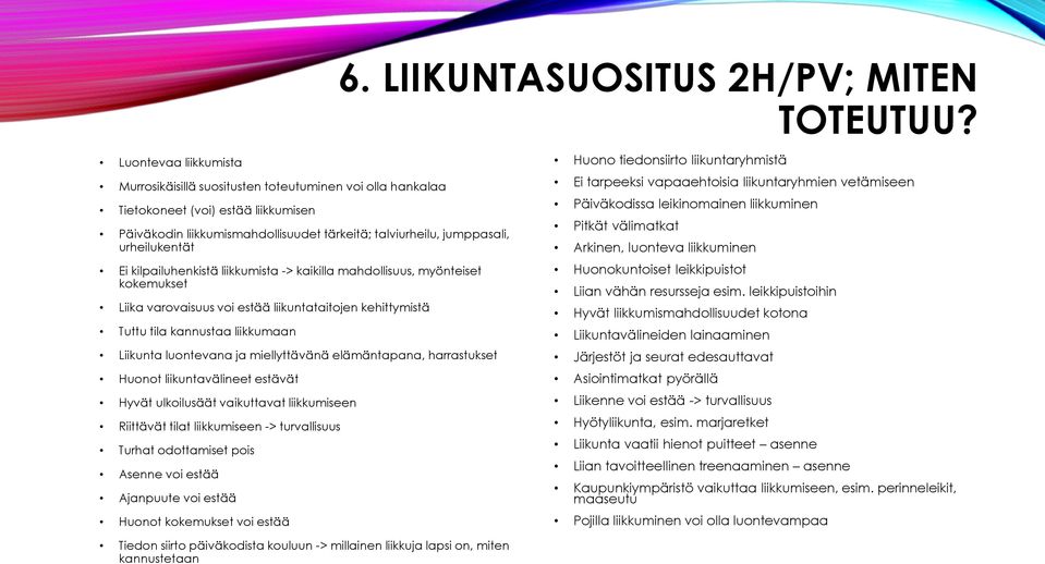 urheilukentät Ei kilpailuhenkistä liikkumista -> kaikilla mahdollisuus, myönteiset kokemukset Liika varovaisuus voi estää liikuntataitojen kehittymistä Tuttu tila kannustaa liikkumaan Liikunta