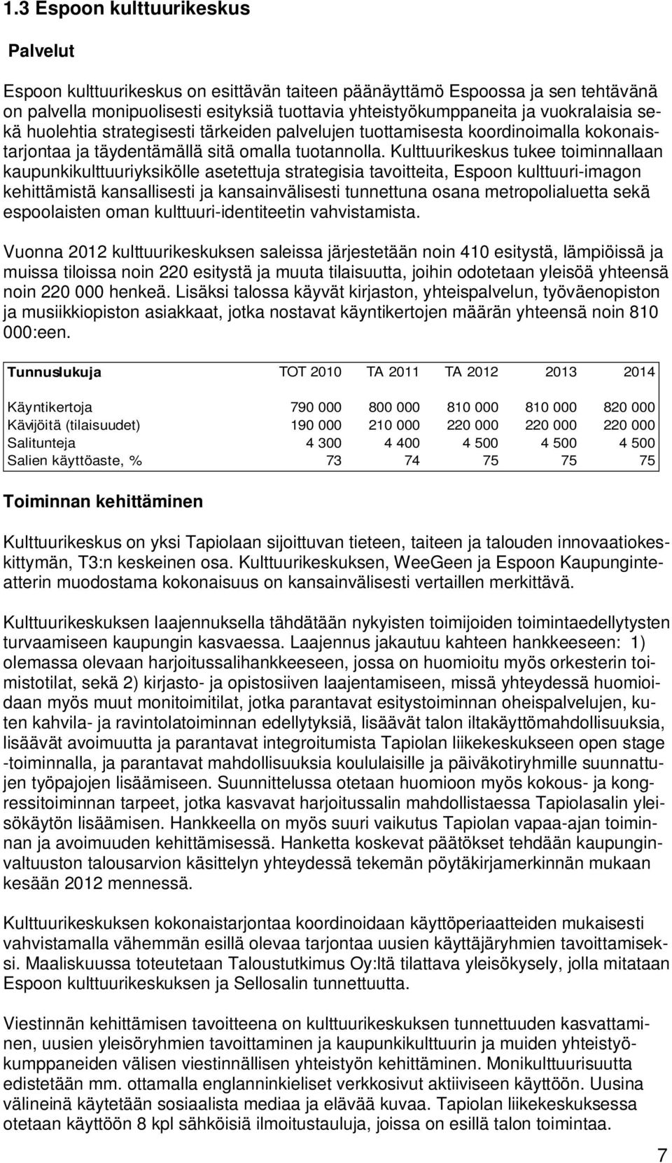 Kulttuurikeskus tukee toiminnallaan kaupunkikulttuuriyksikölle asetettuja strategisia tavoitteita, Espoon kulttuuri-imagon kehittämistä kansallisesti ja kansainvälisesti tunnettuna osana