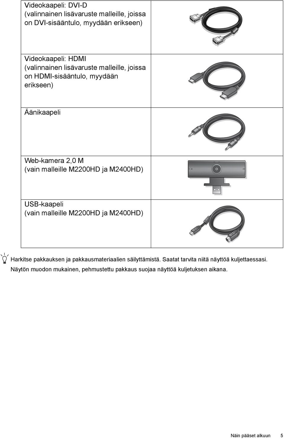 M2200HD ja M2400HD) USB-kaapeli (vain malleille M2200HD ja M2400HD) Harkitse pakkauksen ja pakkausmateriaalien säilyttämistä.